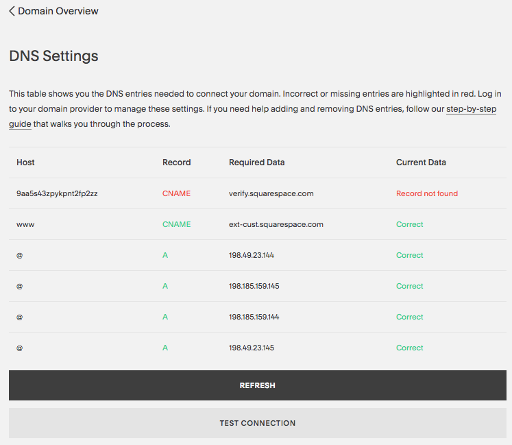 "SquareSpace dns configuration screen"
